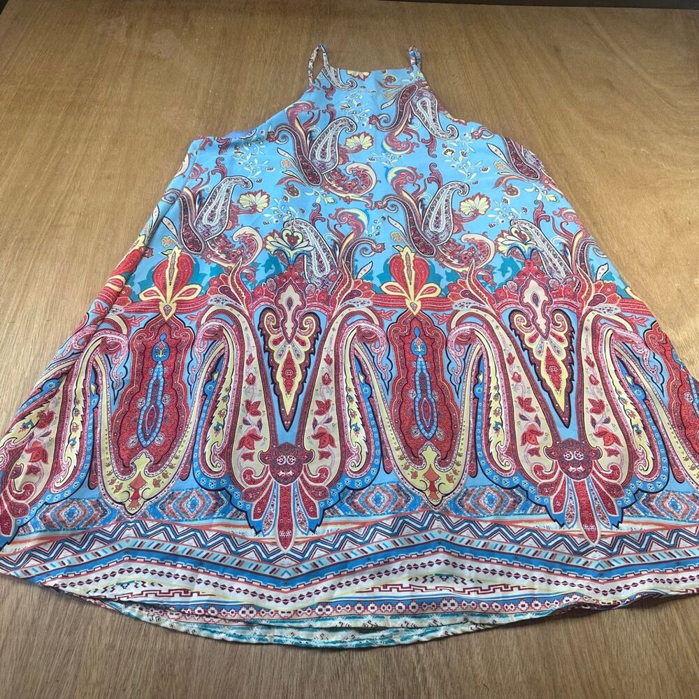 Silvergate Paisley Halter Swing Dress Blue Red Boho Sleeveless Size L